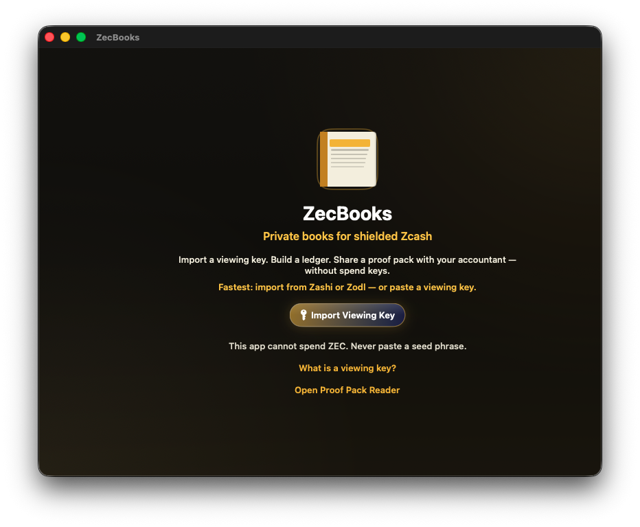 ZecBooks welcome screen with Import Viewing Key